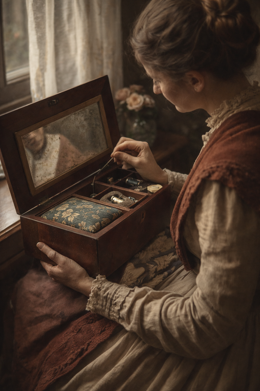 Antica scatola da lavoro femminile di fine ‘800 con cuscino superiore e doppio scomparto