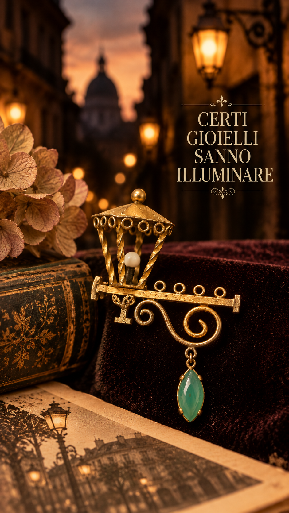 Deliziosa spilla vintage a guisa di lampioncino con pendente
