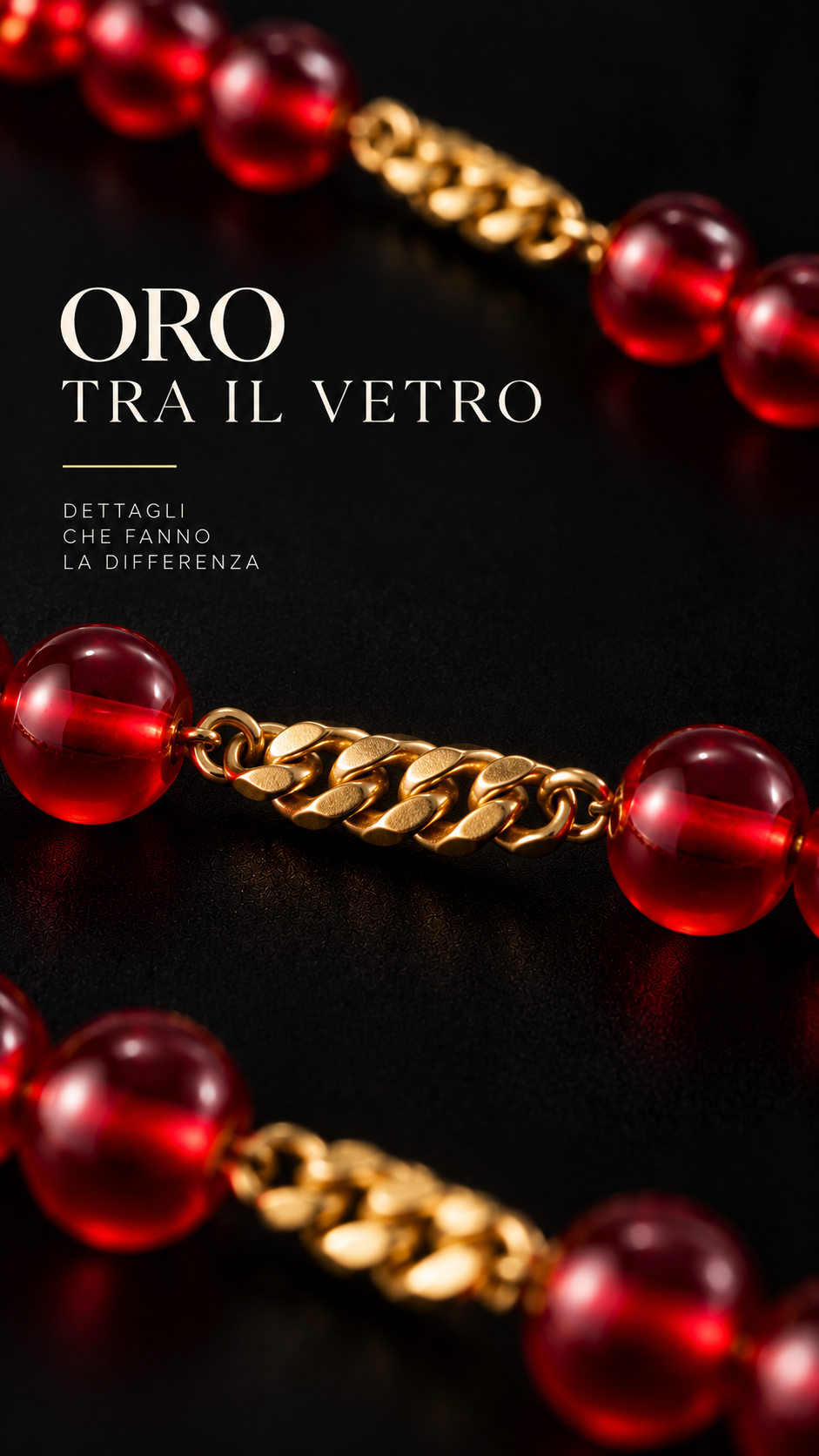 Vintage anni ‘70 collana “amarene” in perle di vetro rosso su catena placcata oro