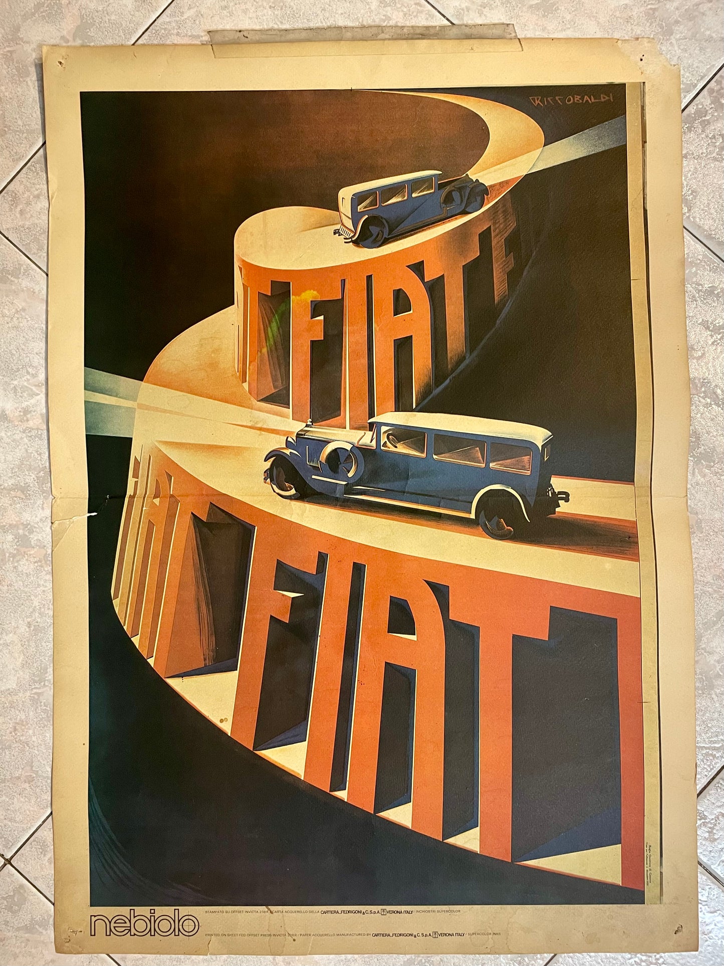 Manifesto futurista Riccobaldi per Fiat, ristampa rara Nebiolo/Fedrigoni anni ‘70