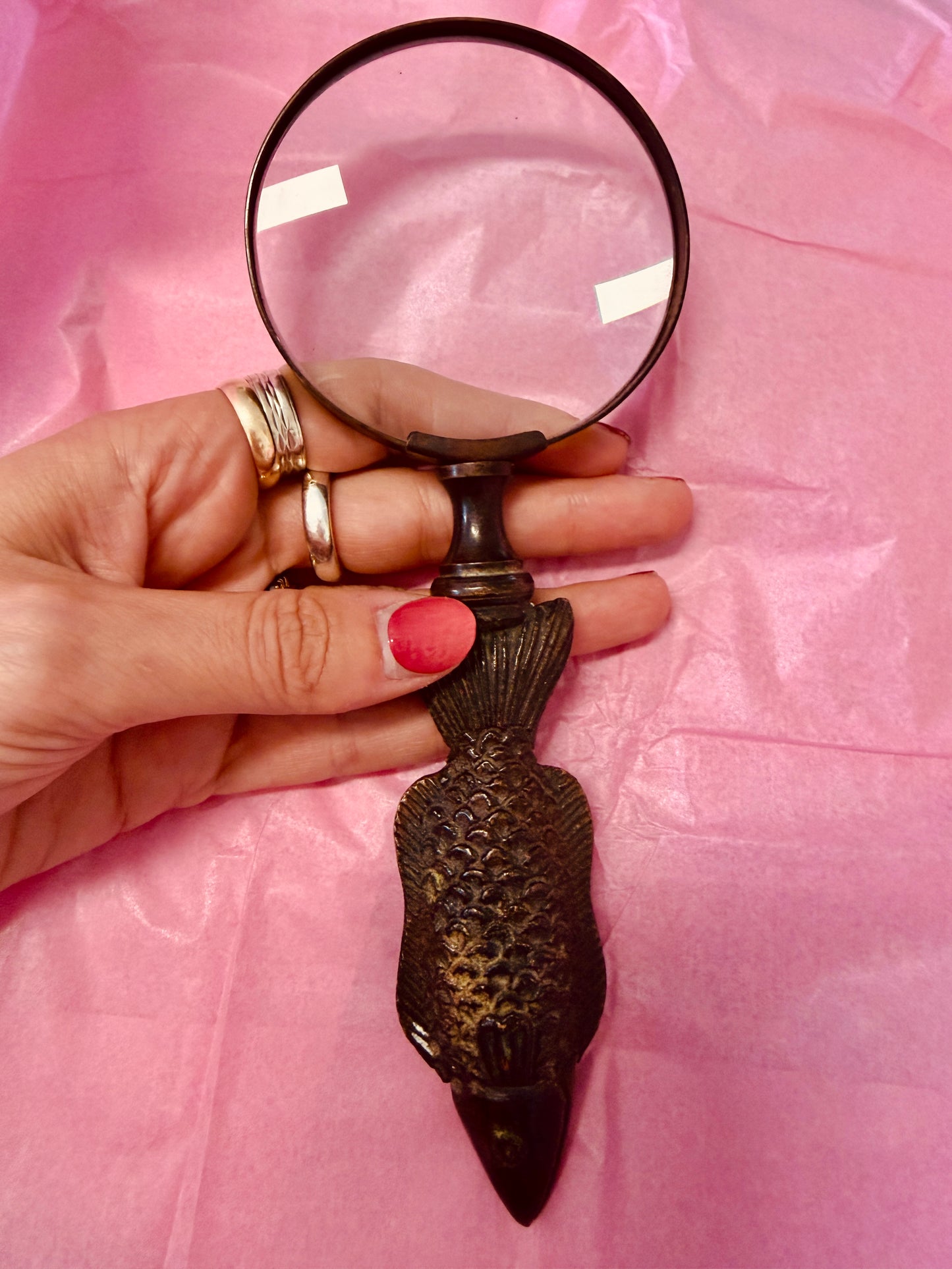Lente ingrandimento vintage metallo pieno manico a guisa di pesce