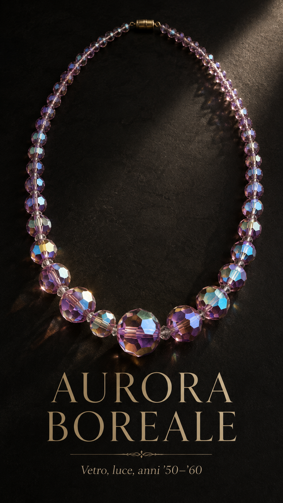 Collier perle sfaccettate Aurora Borealis con base rosa, degradé, fine anni ‘50 primi ‘60