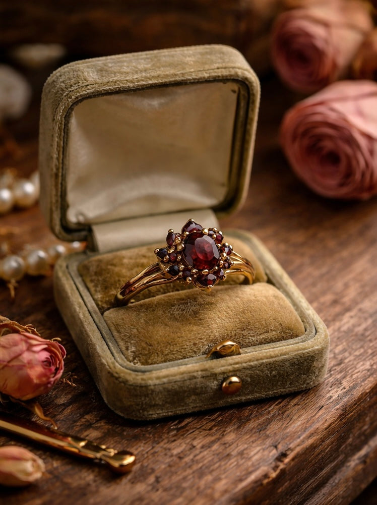 Anello con granati placcato oro e punzonato, Francia ca anni ‘60-‘70