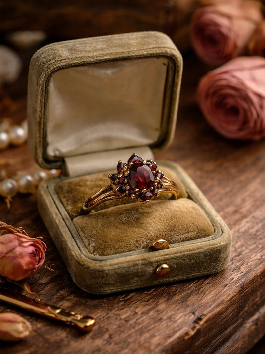 Anello con granati placcato oro e punzonato, Francia ca anni ‘60-‘70