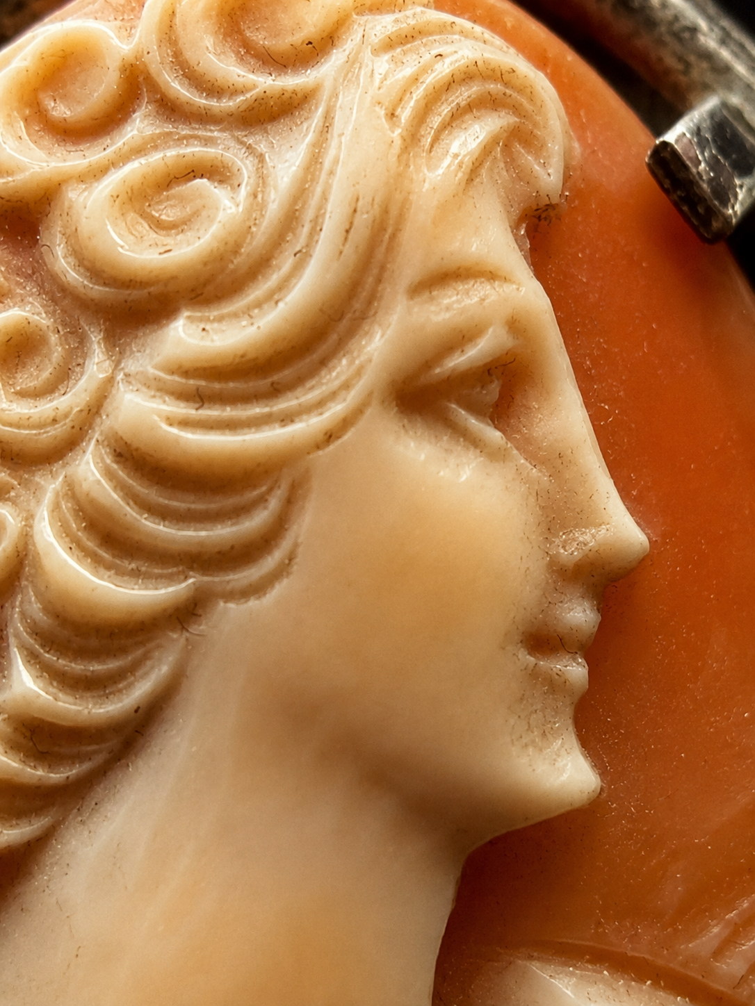 Antico cammeo in conchiglia intagliata con doppia funzione di pendente e spilla, argento francese