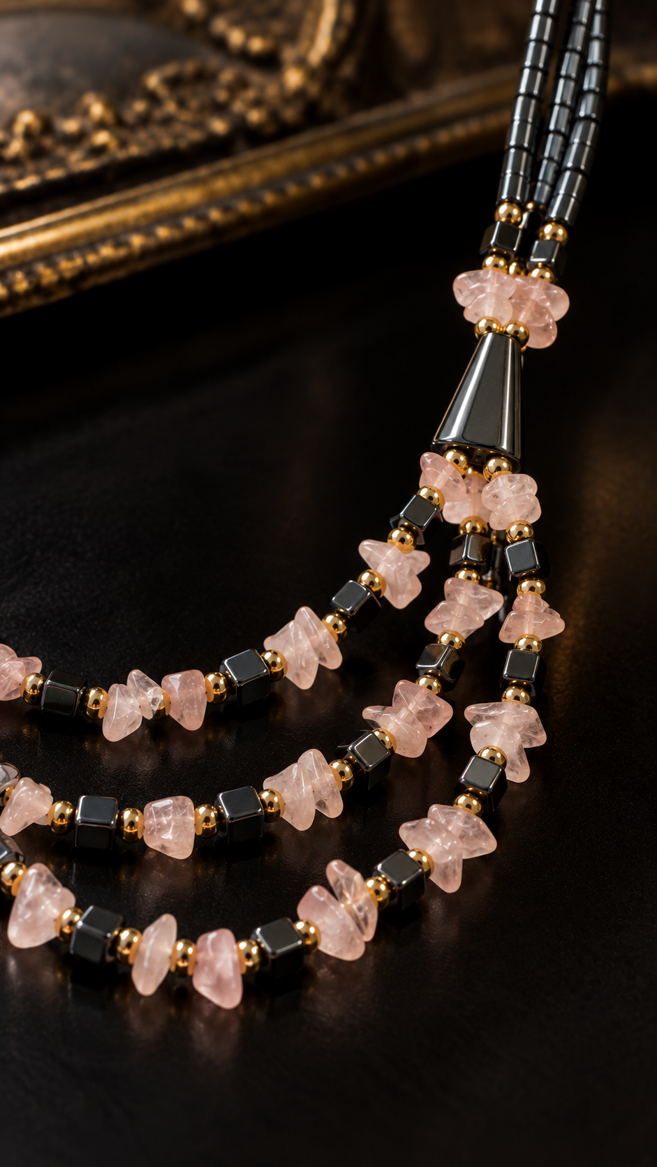 Collana architettonica anni ‘60 in ematite e quarzo rosa con chiusura in argento