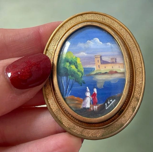 Spilla antica primo ‘900 con miniatura acquerellata firmata