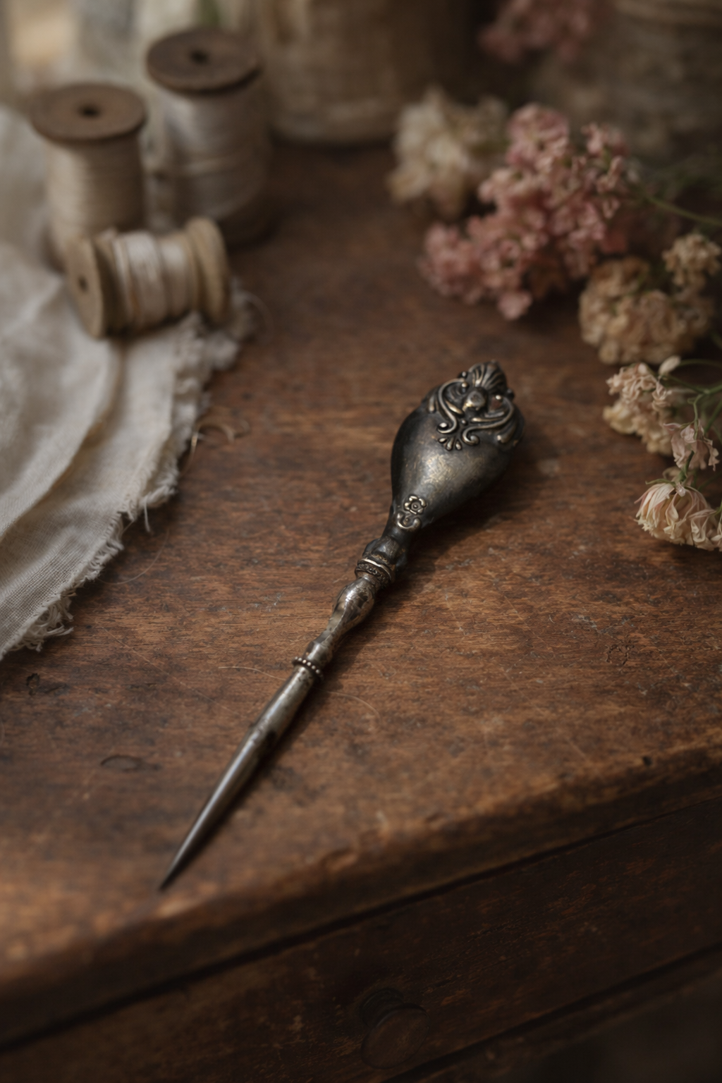 Antico punteruolo da ricamo in argento decorato, fine ‘800