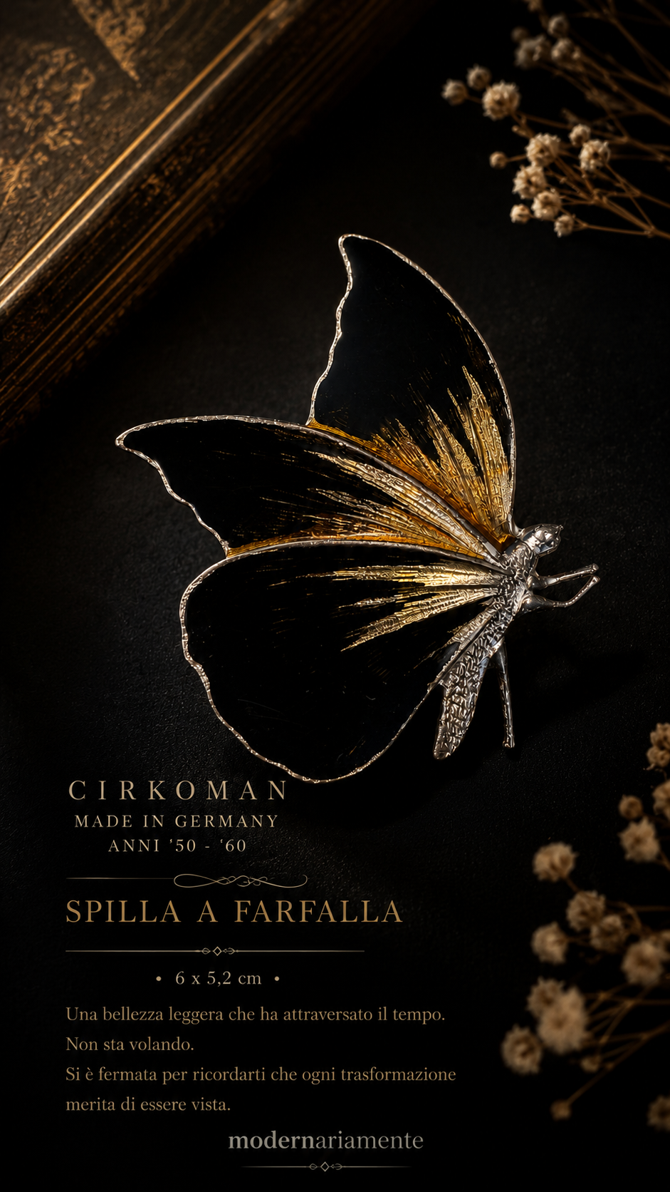 Spilla vintage firmata Cirkoman Germania anni ‘60 farfalla smaltata in nero e oro