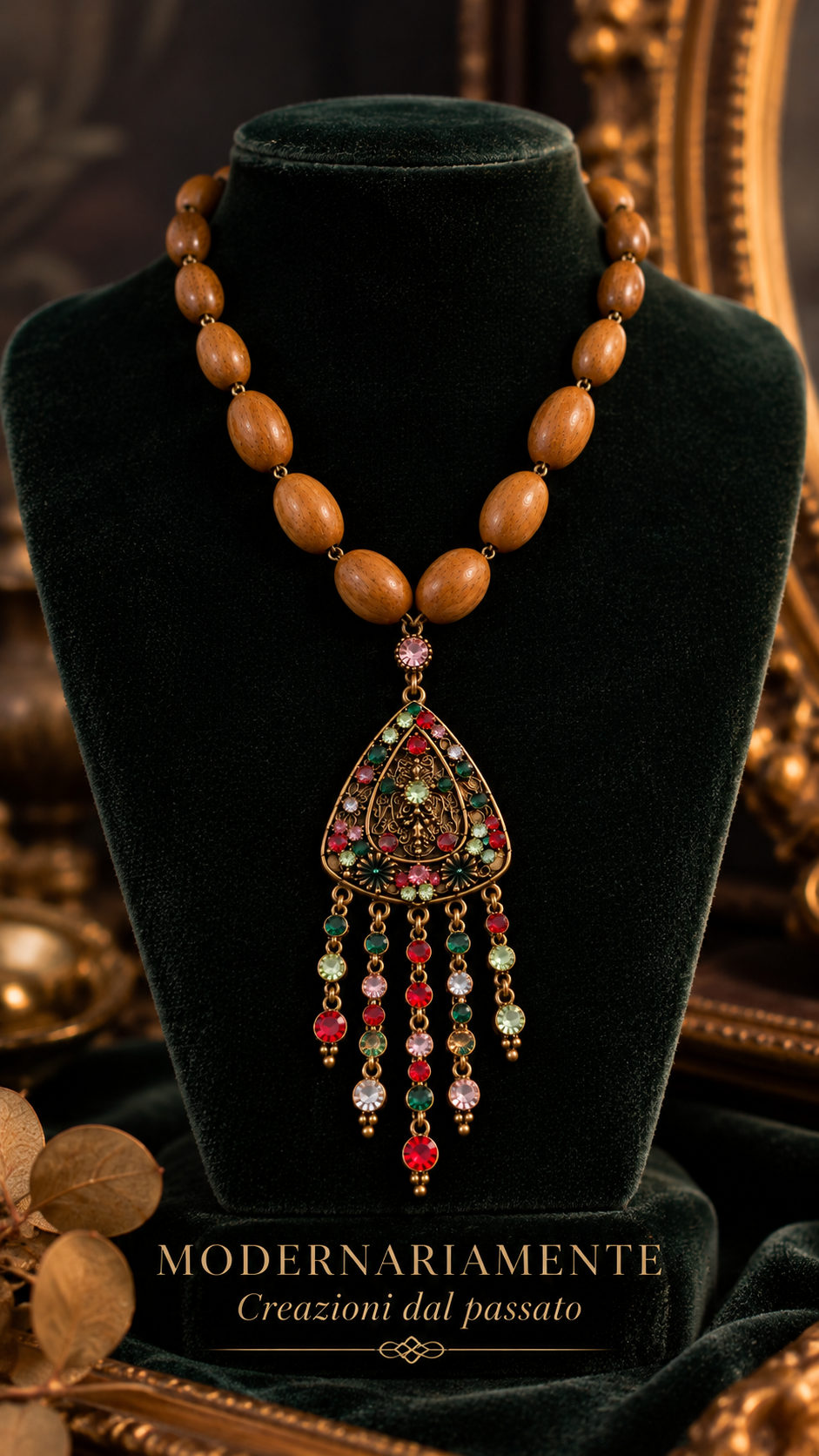 Collana perle di legno degradé anni 60 con pendente luminoso vintage