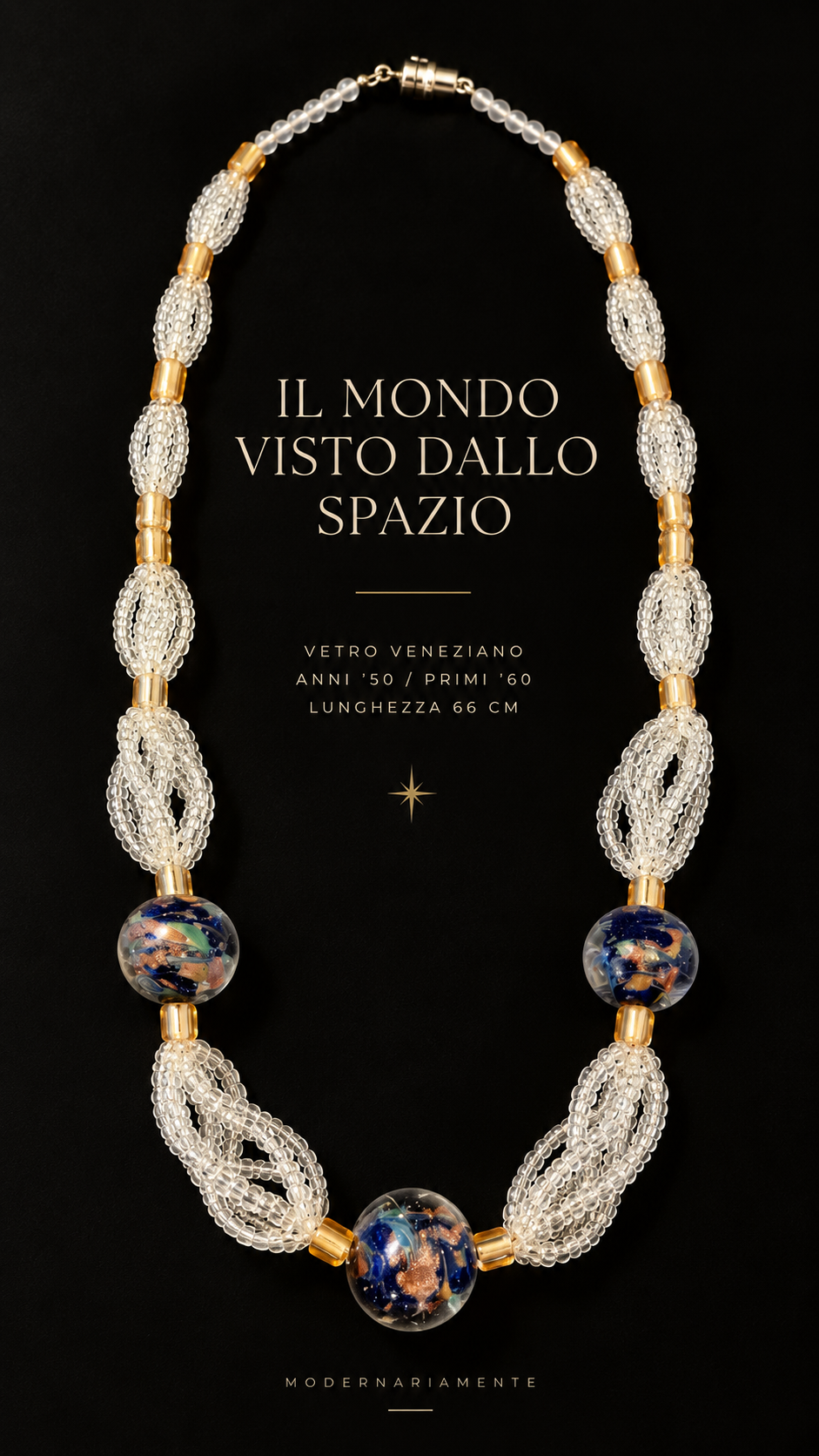 Collana multifilo in perline di vetro con tre grandi perle lavorate veneziane a guisa di pianeti, fine anni ‘50 primi ‘60