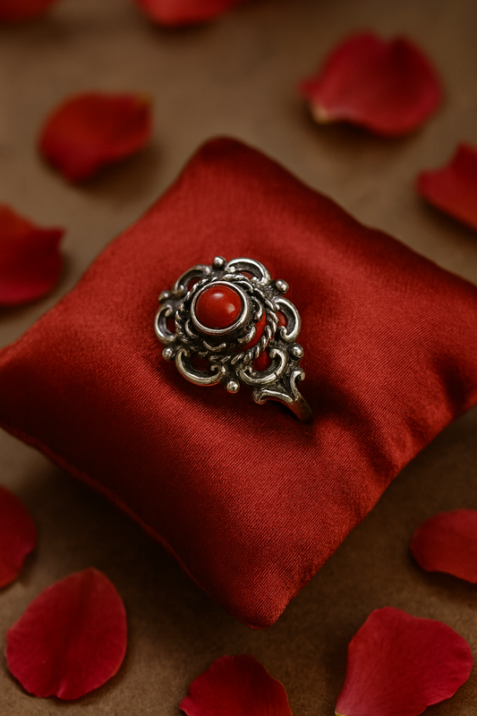 Anello argento 835 e cabochon corallo Mediterraneo, ca anni ‘50, Olanda