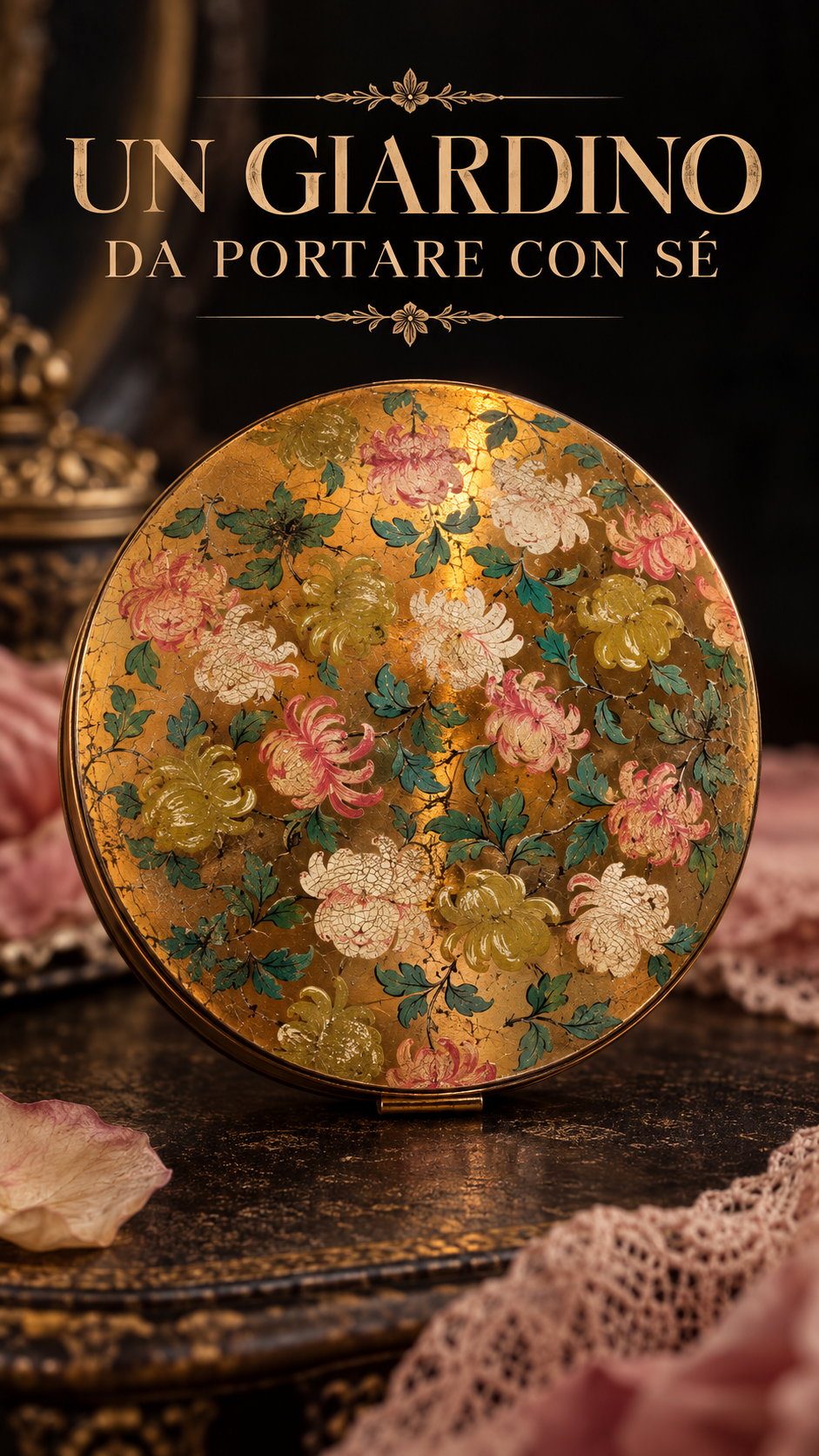 Porta cipria poudrier con specchio anni ‘40 inglese La Rage con splendida decorazione floreale