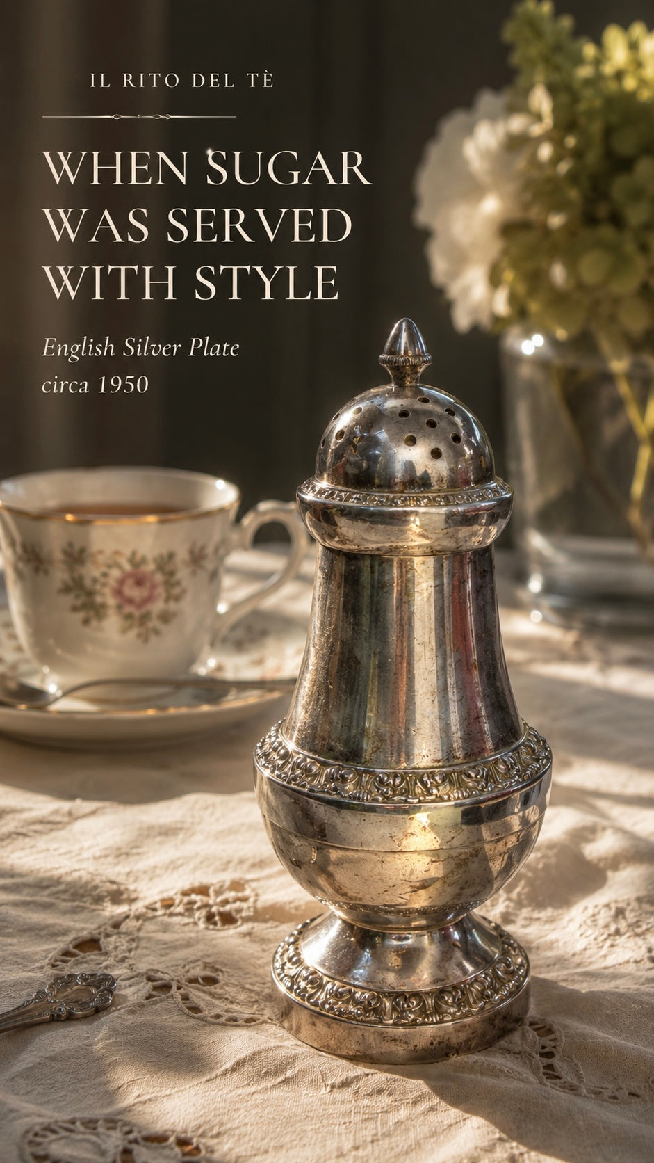 Sugar caster argenteria Inglese marchio Ianthe, ca anni ‘40