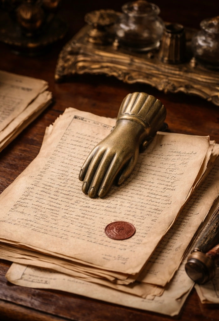 Antica pinza documenti a guisa di mano in ottone pieno, da studio legale primo ‘900