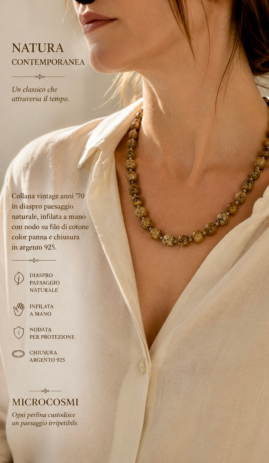 Collana in perle di Diaspro paesaggio / picture jasper con chiusura in argento 925 anni ‘70