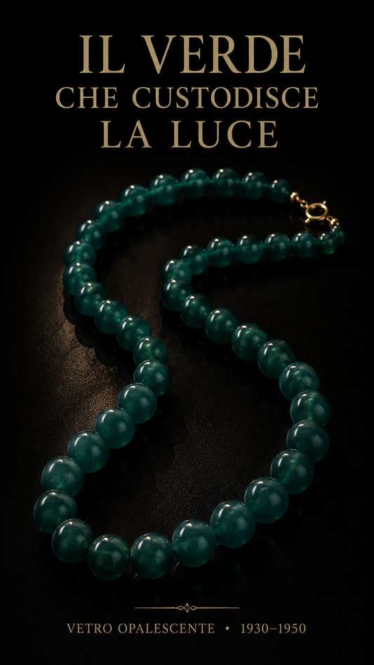 Collana perle in vetro verde opalescente anni ‘30-‘50