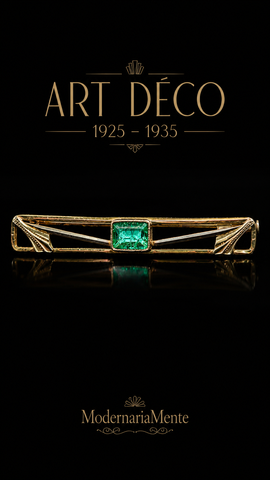 Spilla antica art déco a barretta placcata oro con cristallo verde