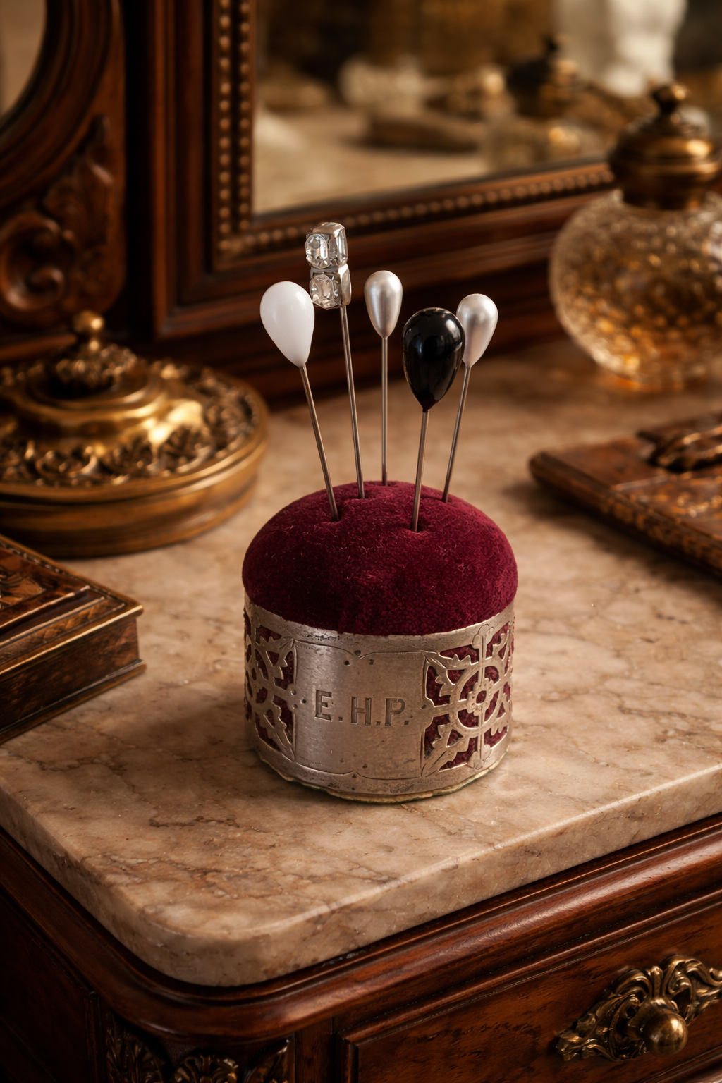 Puntaspilli pin cushion in argento inglese antico fine ‘800 con 5 spilloni da cappello