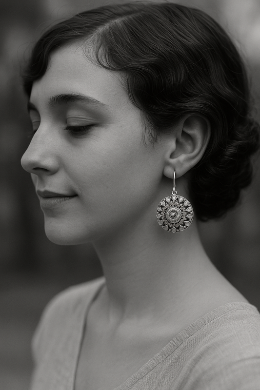 Orecchini in argento creati da doppia spilla da mantello di fine ‘800, montati su monachine contemporanee argento 925 ￼