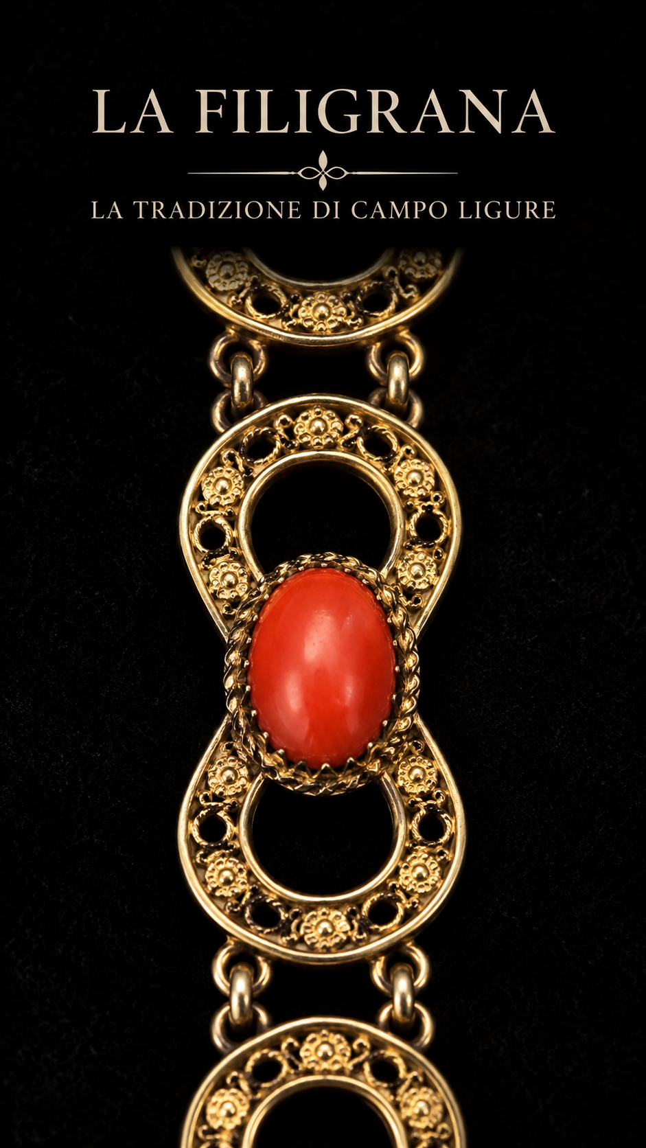 Bracciale filigranato in argento 800 e pasta di corallo, Campo Ligure, tradizione orafa