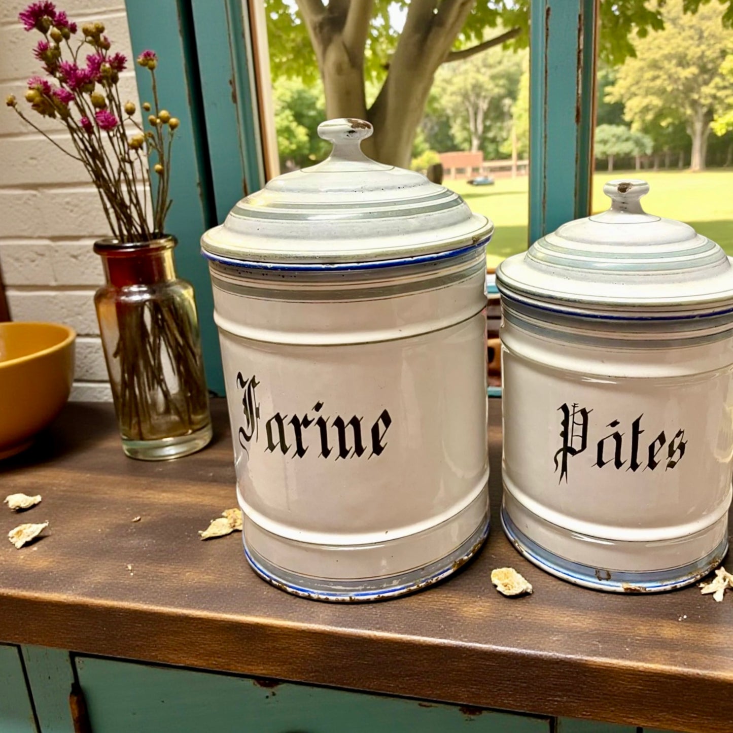 Coppia barattoli smaltati provenzali antichi da cucina, anni 20-30