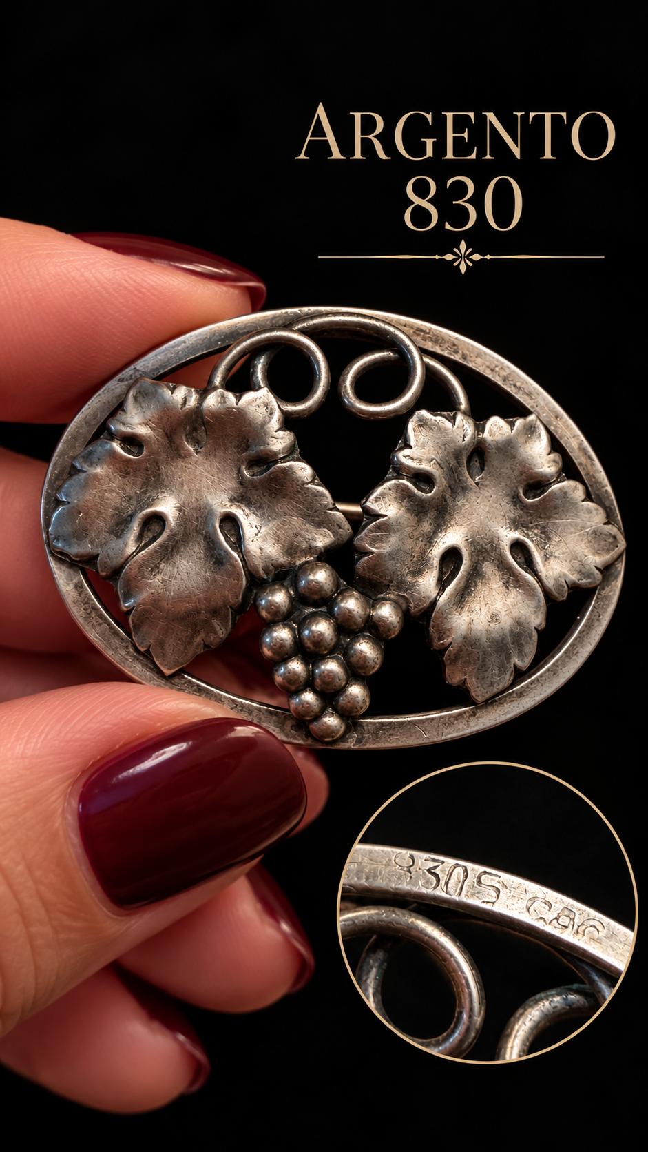 Spilla antica con vite e tralci in argento 830, primi ‘900 scandinava