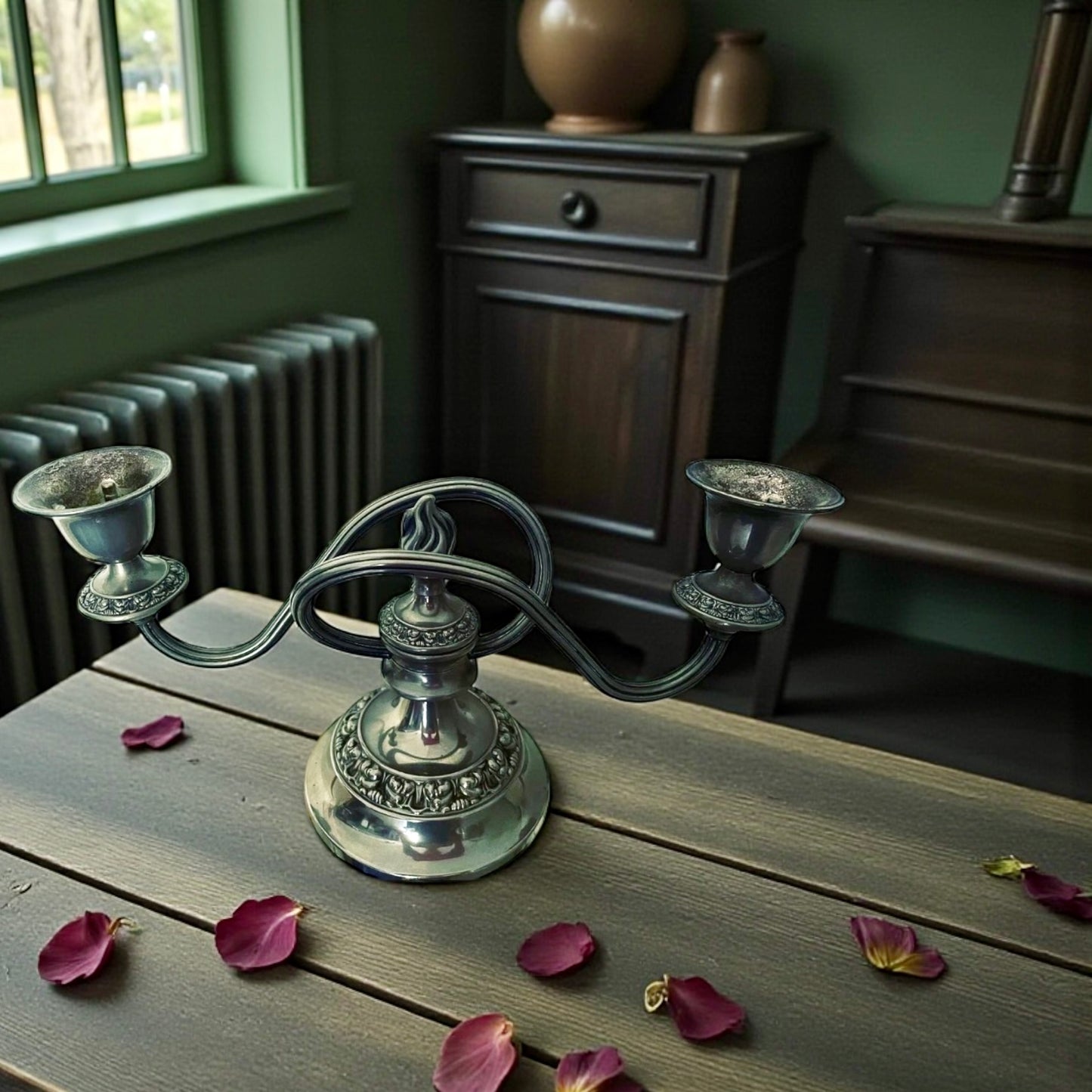 Candelabro argentato IANTHE a due luci, british anni ‘50