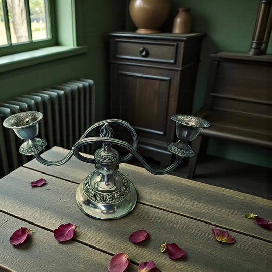 Candelabro argentato IANTHE a due luci, british anni ‘50