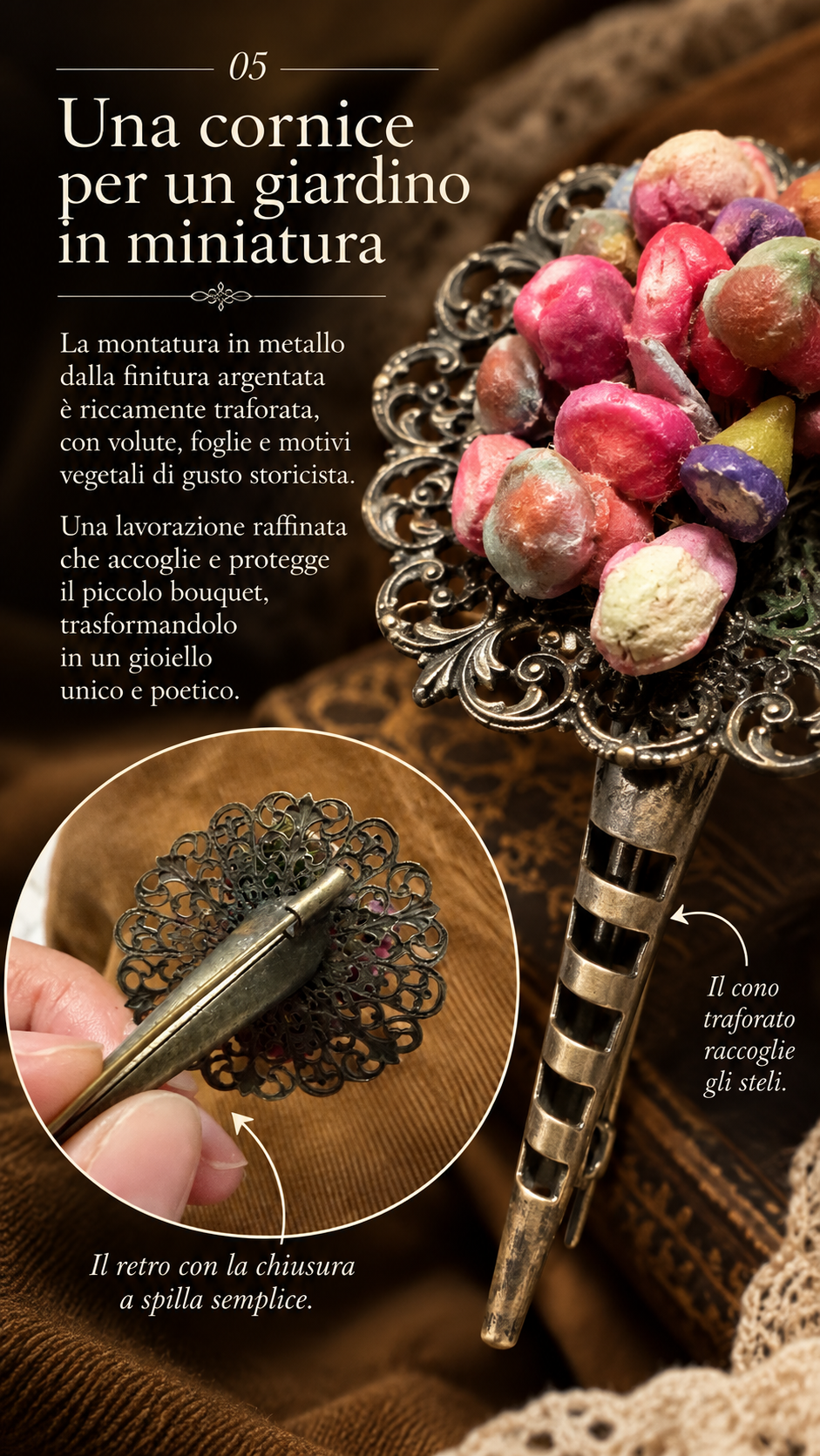 Antica spilla porta bouquet Tussie-Mussie argentata d’epoca