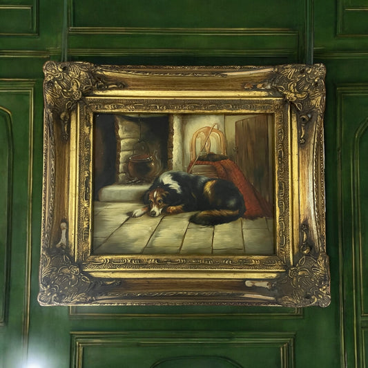 Dipinto inglese con cagnolino in cornice fine ‘800