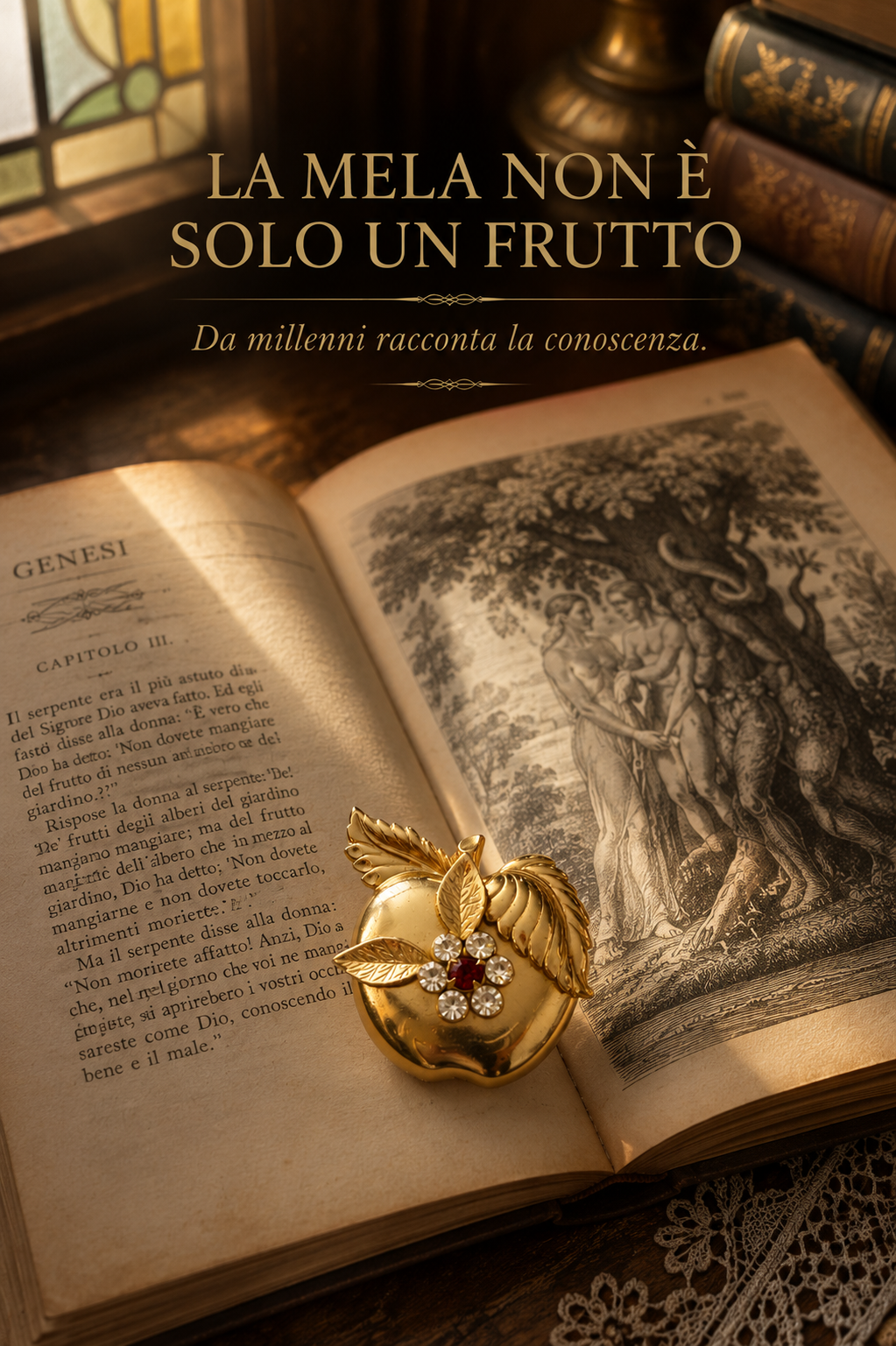 Spilla a guisa di Mela della Conoscenza firmata CORO, costume jewellery USA
