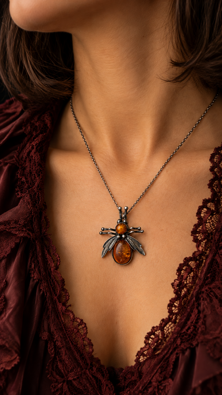 Spilla - pendente ape gioiello argento e cabochon d’ambra