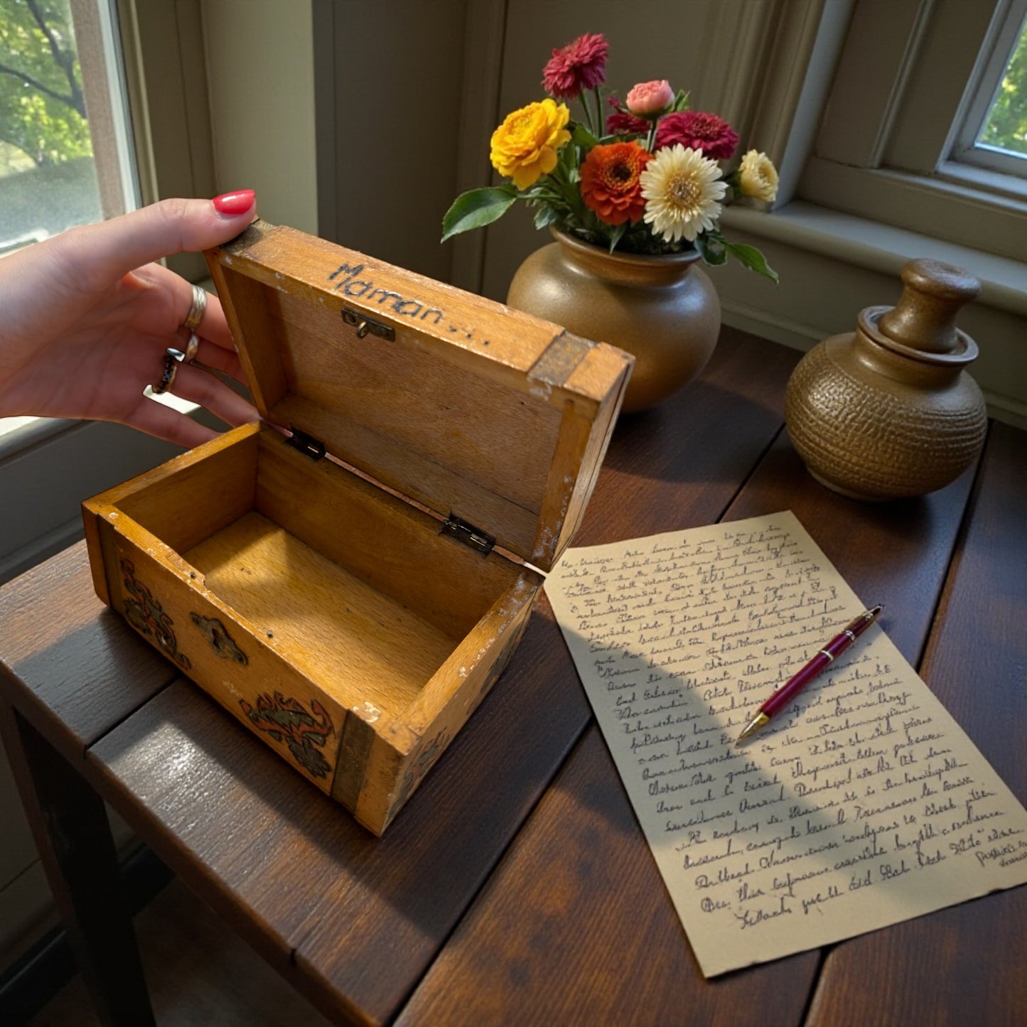 Antica scatola cofanetto francese, decorato negli anni ‘30 ca, scritta “Maman”