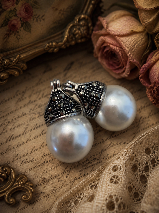 Orecchini argento 925 marcasiti e perla, contemporanei, nuovi
