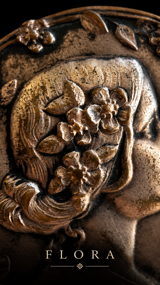Antica spilla ritratto con Flora, prima Art Nouveau 1895-1905 in metallo argentato