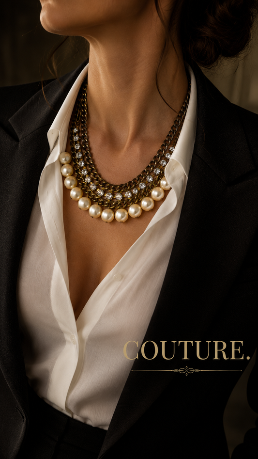 Collana statement con grandi perle e strass, regolabile, anni ‘80