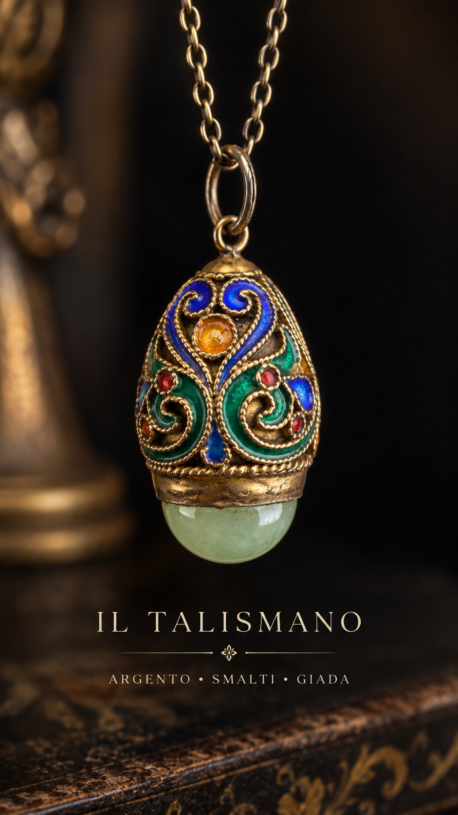 Pendente ciondolo gioiello argento dorato con smalto policromi e giada, stile Uova di Fabergé