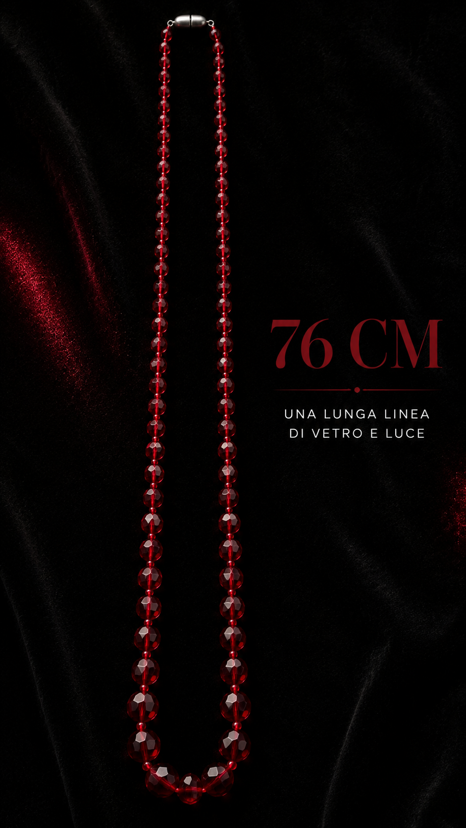 Collana in perle di vetro sfaccettato degradé rosso anni ‘60 con chiusura a barilotto argentata