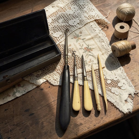 Elegante set da cucito e ricamo in antico plumier di fine 800