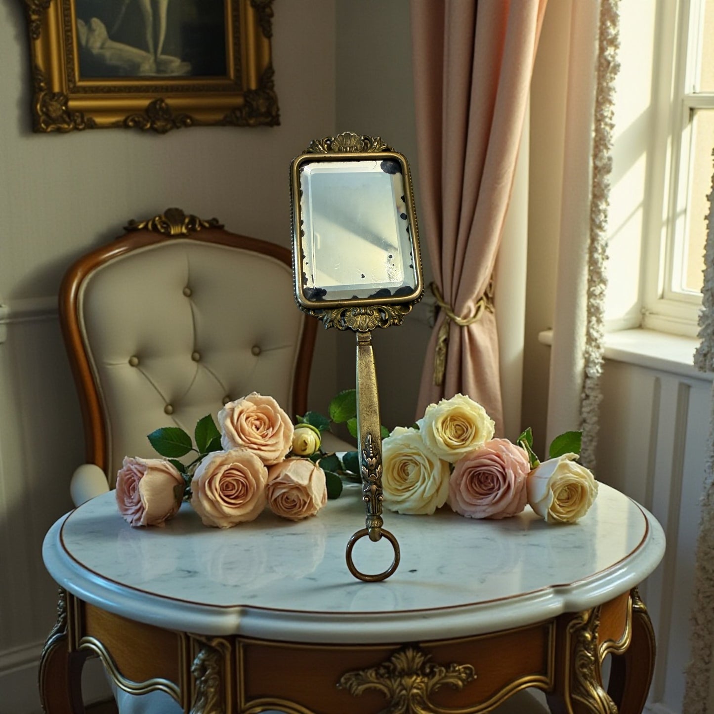 Antico specchio da mano con smalto su rame a tergo, proto liberty ca 1890