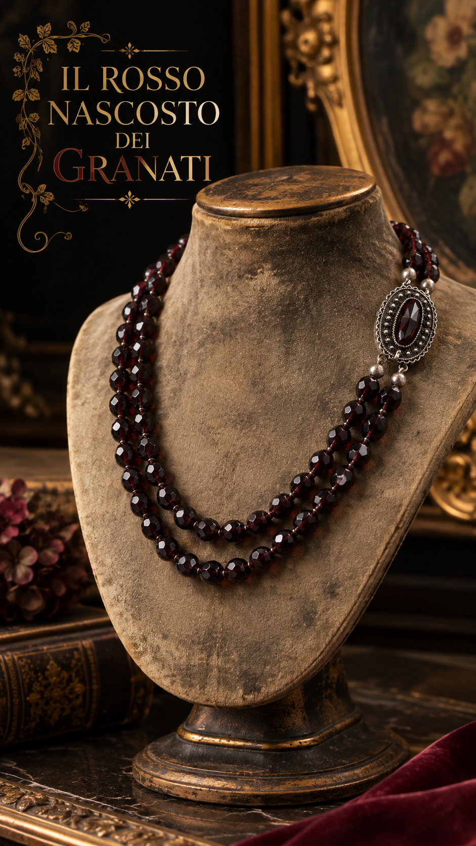 Collier collana a doppio filo incrociato in granati con chiusura gioiello, prima metà ‘900
