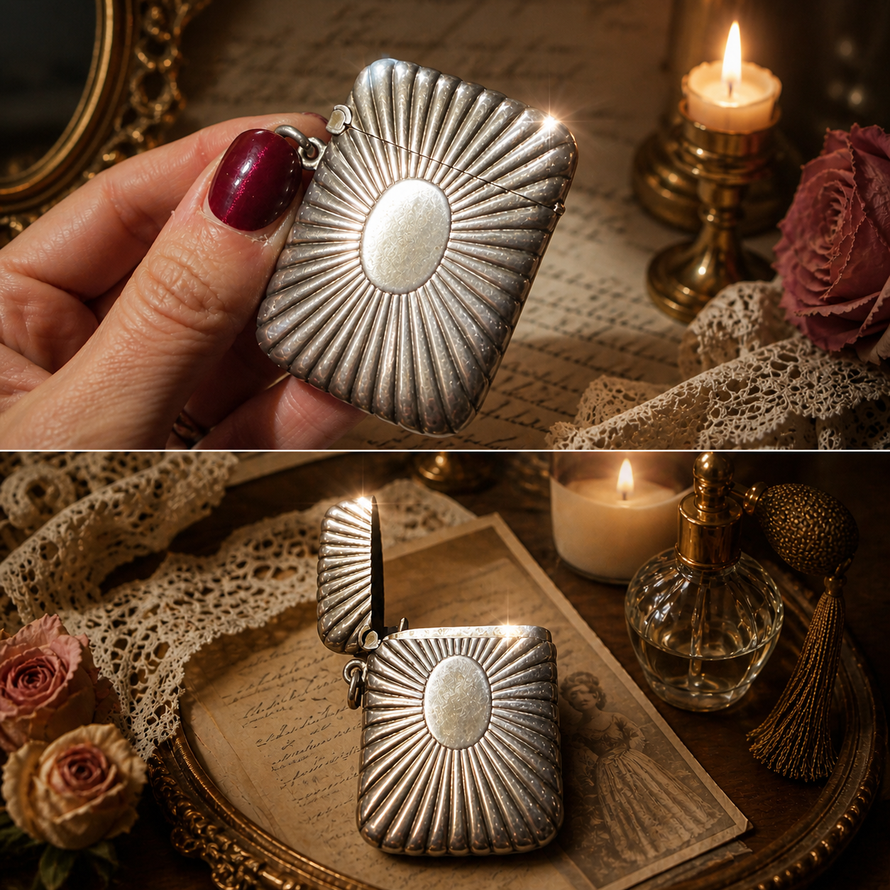 Vesta case sunburst in argento tit. 800, da Chatelaine, ca 1880-1910