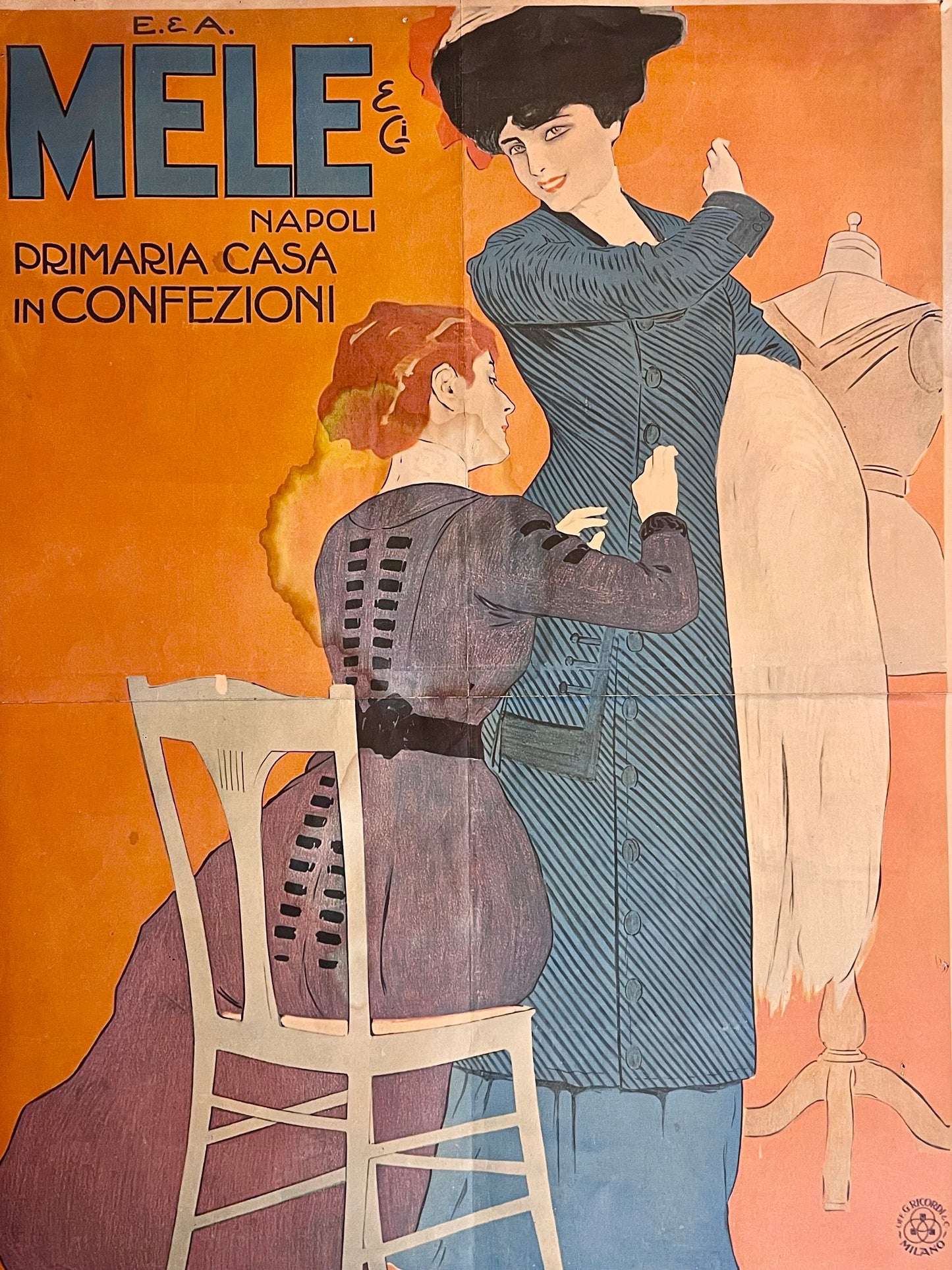 Manifesto pubblicitario liberty Confezioni MELE riedito 1970, 65 x 46 cm.