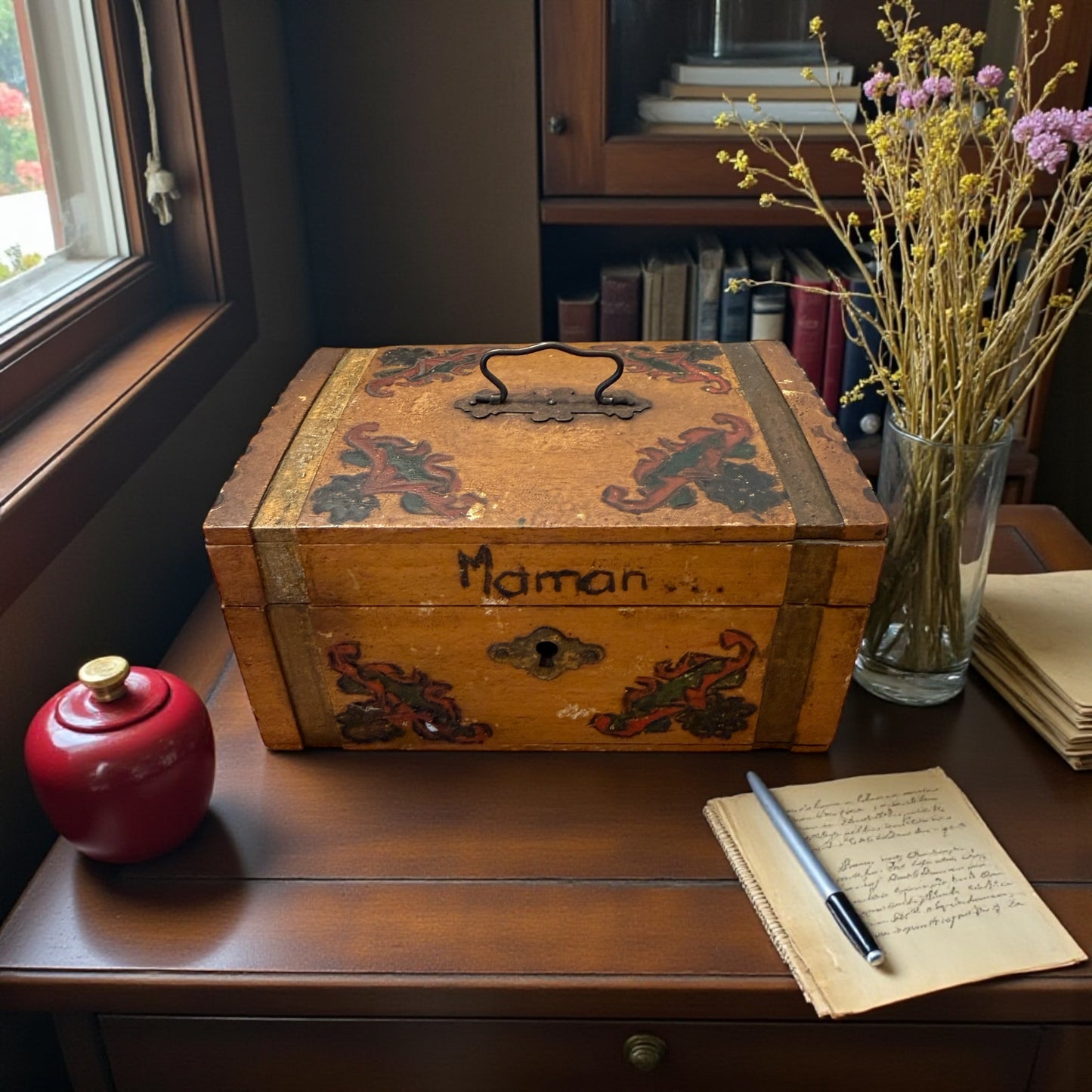 Antica scatola cofanetto francese, decorato negli anni ‘30 ca, scritta “Maman”