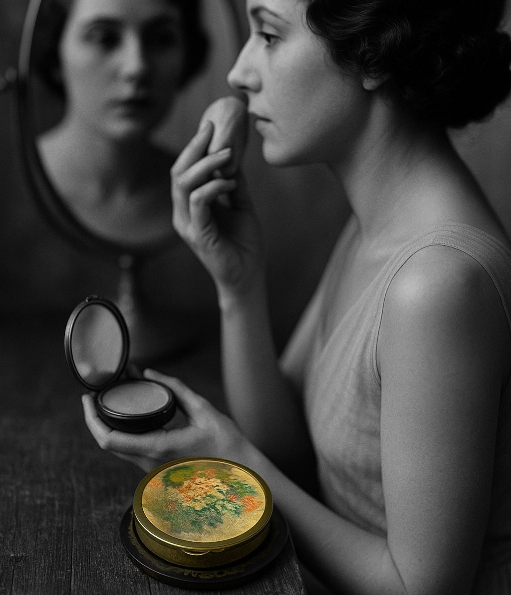 Porta cipria, anni 30, da borsetta con fantasia floreale