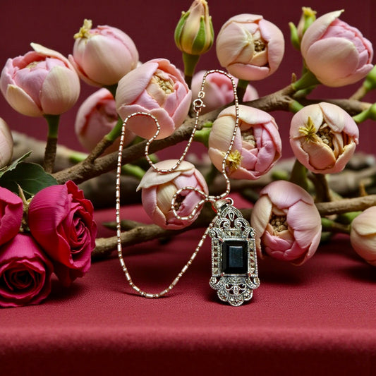 Pendente argento 925 con cabochon nero catena sterling, anni ‘70 manifattura italiana