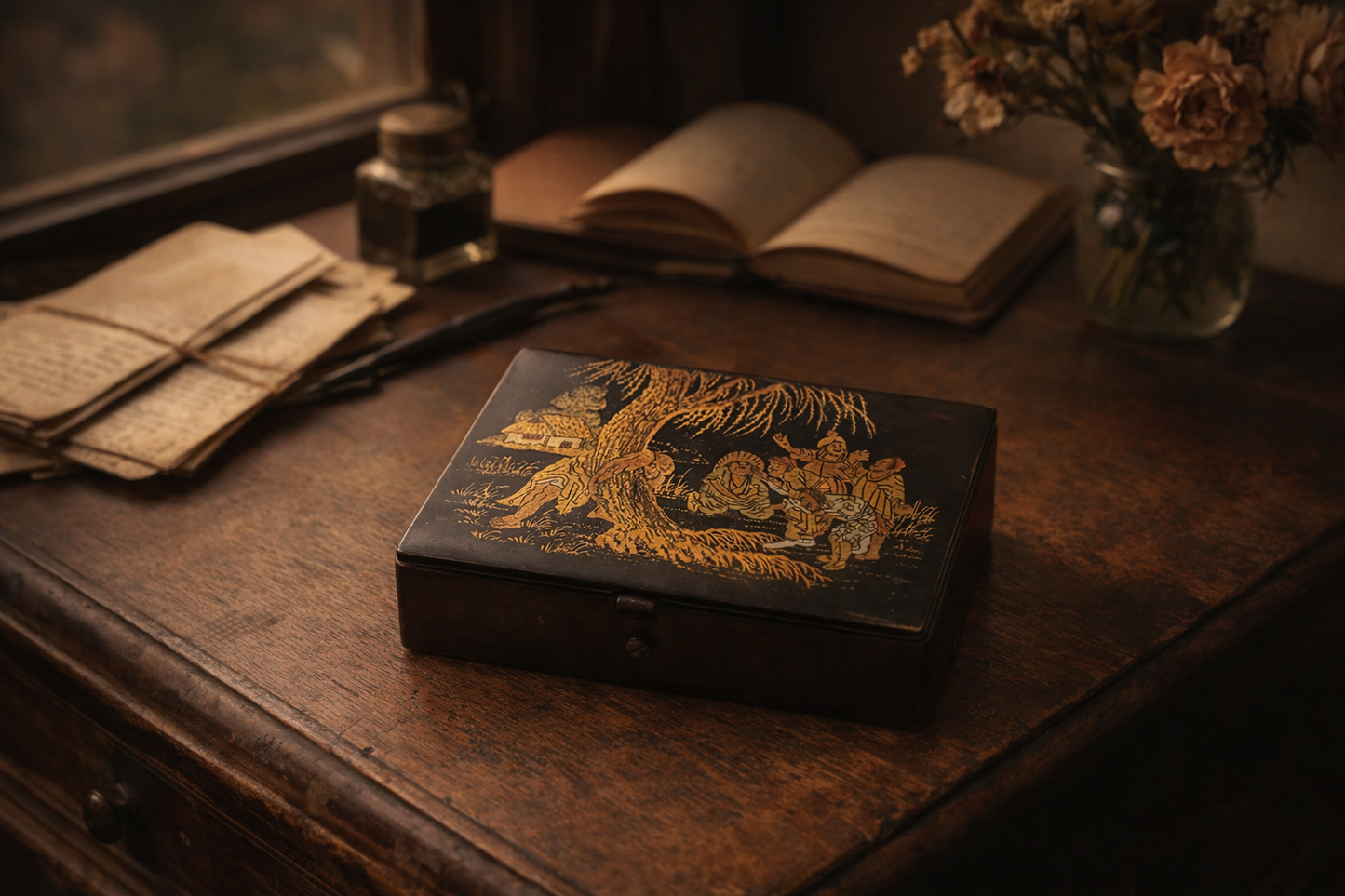 Scatola scrigno in papier mâché ca anni ‘40 con interessante scena simbolica orientalista