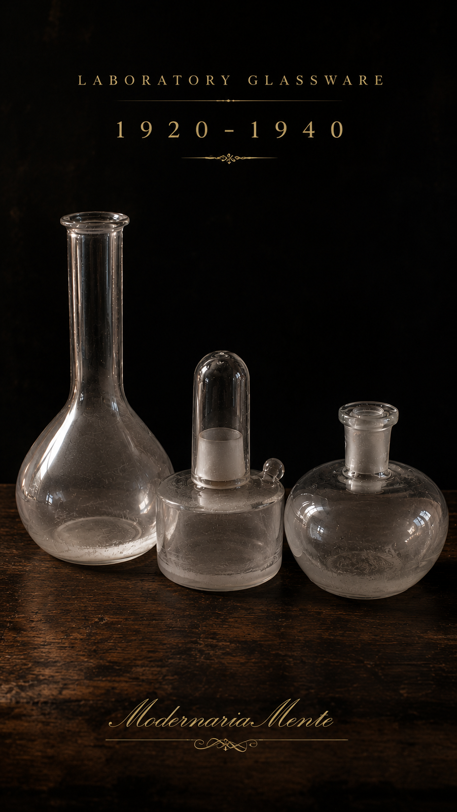 Set da laboratorio in vetro prima metà ‘900, matraccio spiritiera e flacone da reagenti
