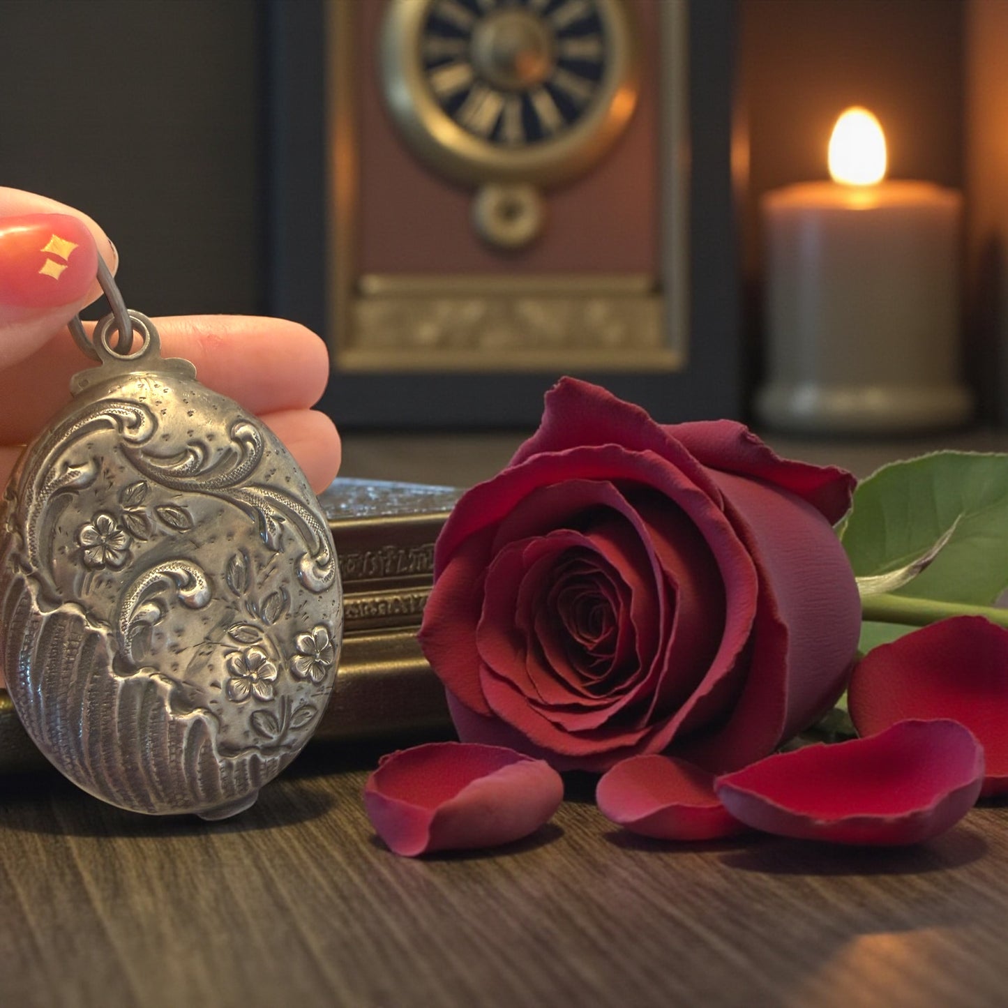 Pendente gioiello in argento bifacciale Liberty, apertura a scorrimento con specchio e scomparto